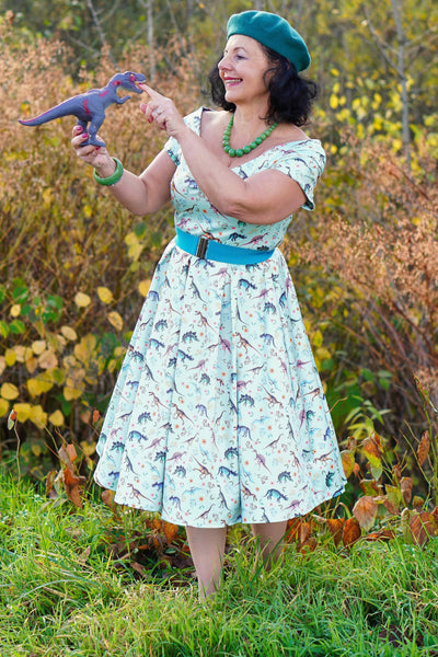 Off Shoulder Mid Calf Dress In Green Fossil Print