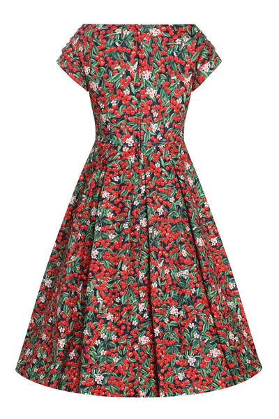 Back view of Close up view of Red Berry Off Shoulder Dress
