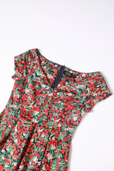 Close up view of Red Berry Off Shoulder Dress