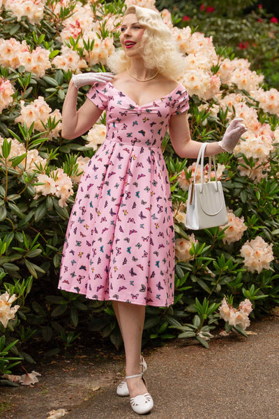 Model photo of Off Shoulder Pink Butterfly Swing Dress