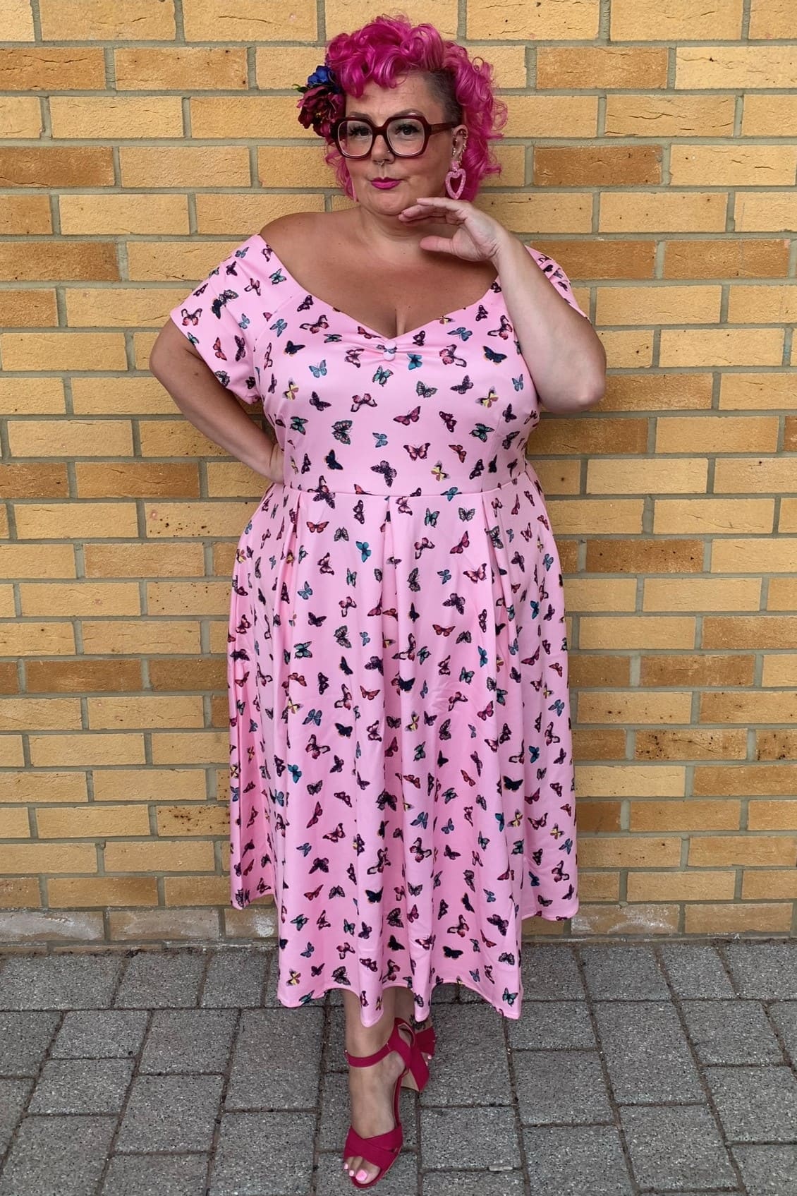 Off Shoulder Pink Butterfly Swing Dress