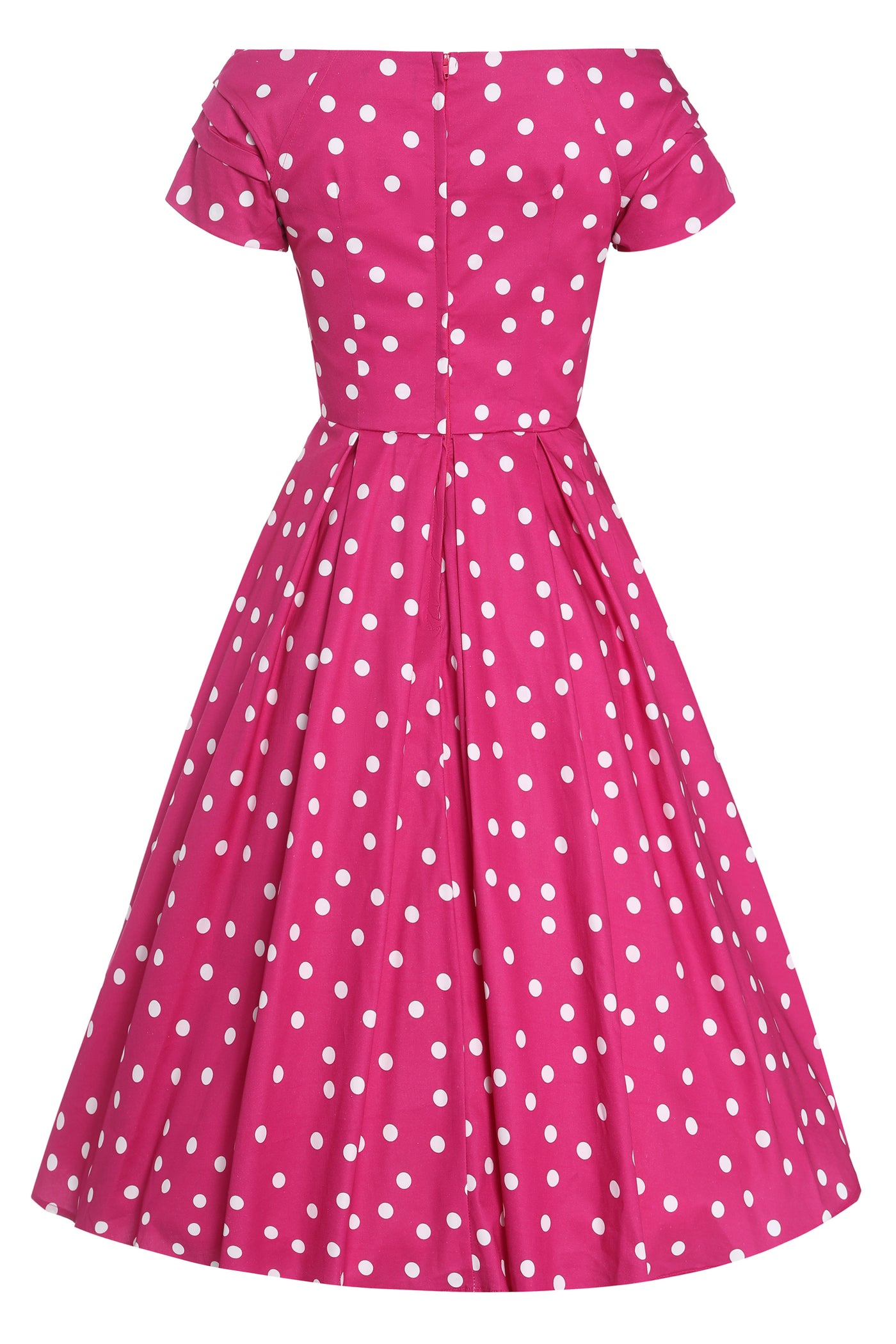 Back view of Off-Shoulder Polka Dot Evening Dress in Hot Pink/White
