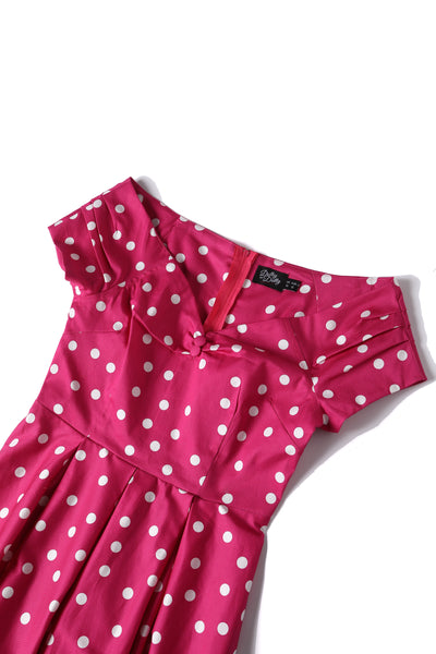 Close up view of Off-Shoulder Polka Dot Evening Dress in Hot Pink/White