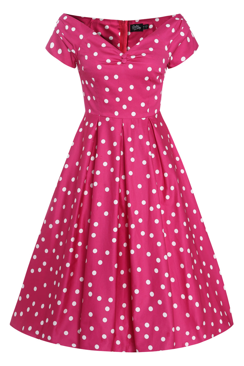 Front view of Off-Shoulder Polka Dot Evening Dress in Hot Pink/White