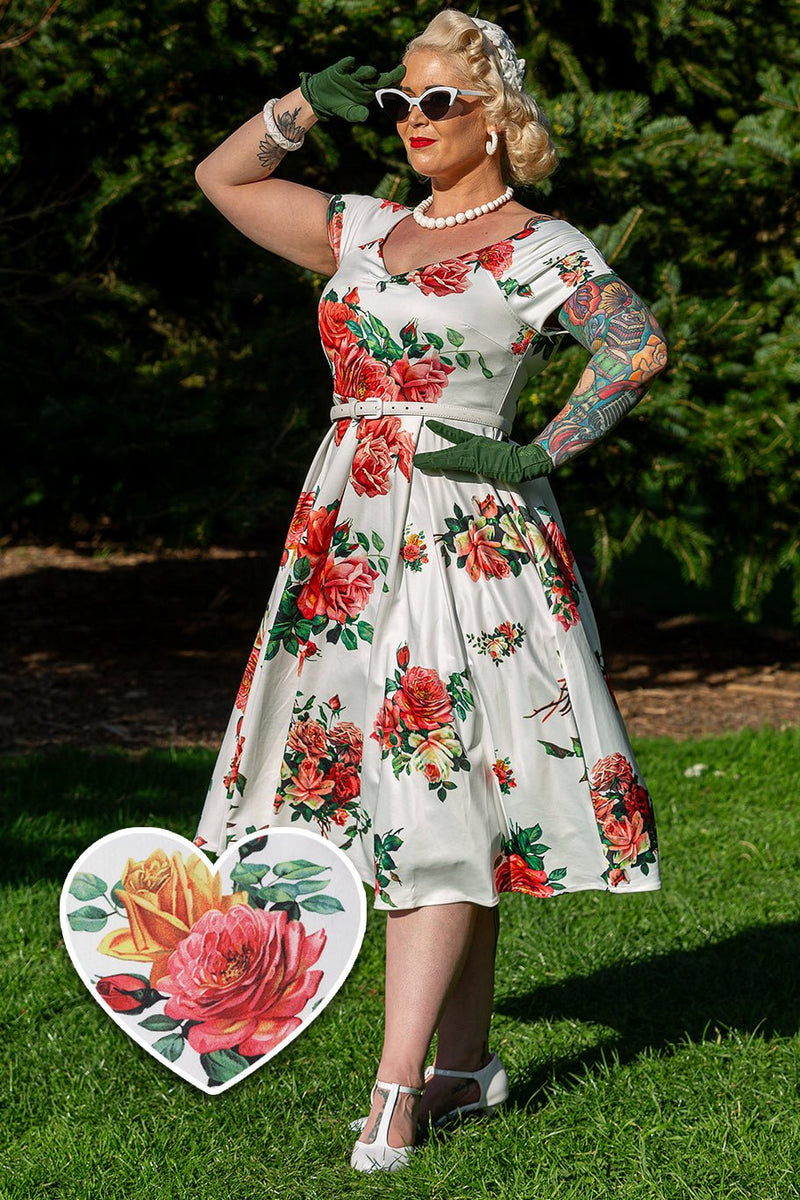 Off Shoulder Rose Swing Dress In White