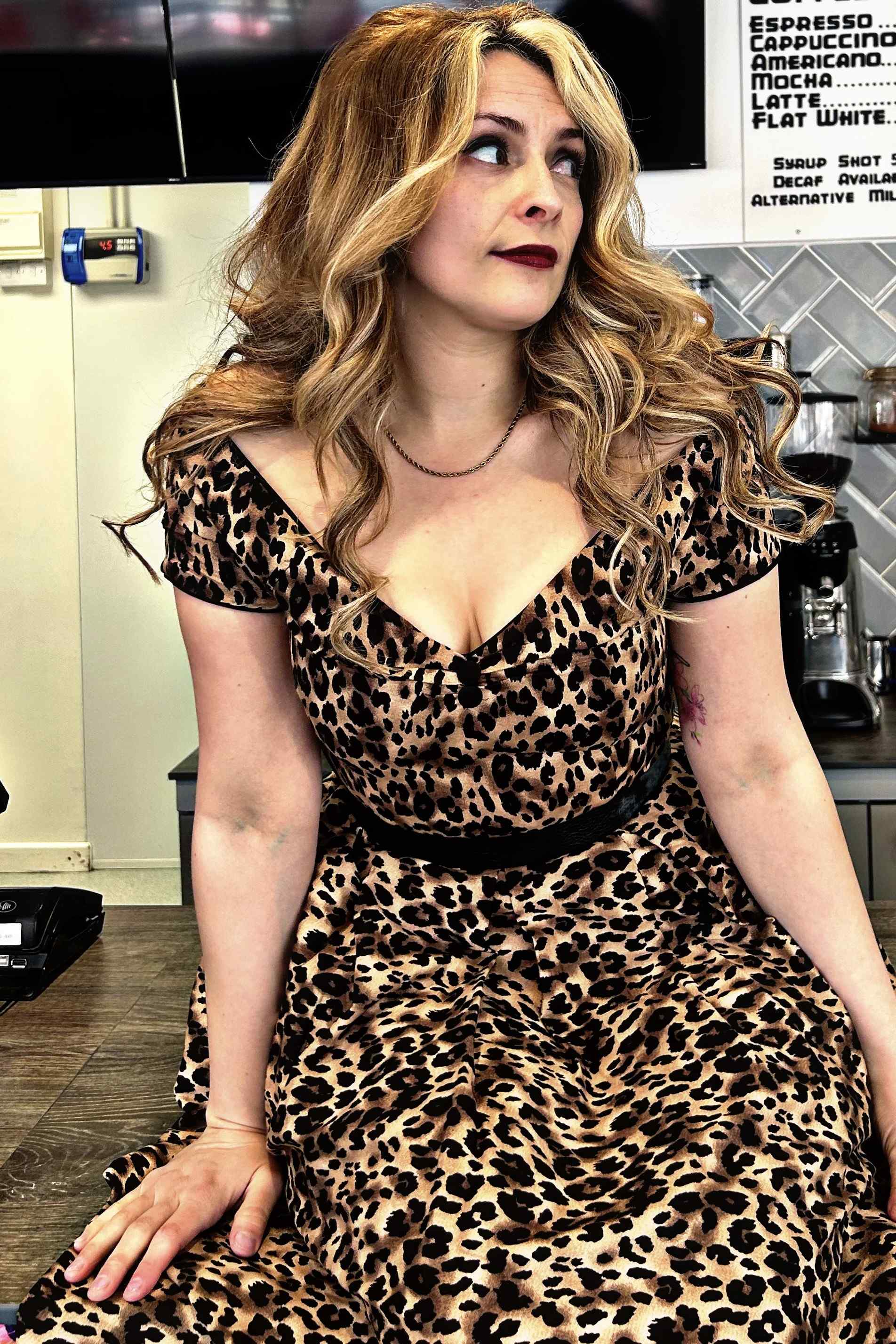 Lily Off-Shoulder Swing Dress in Brown Leopard Print