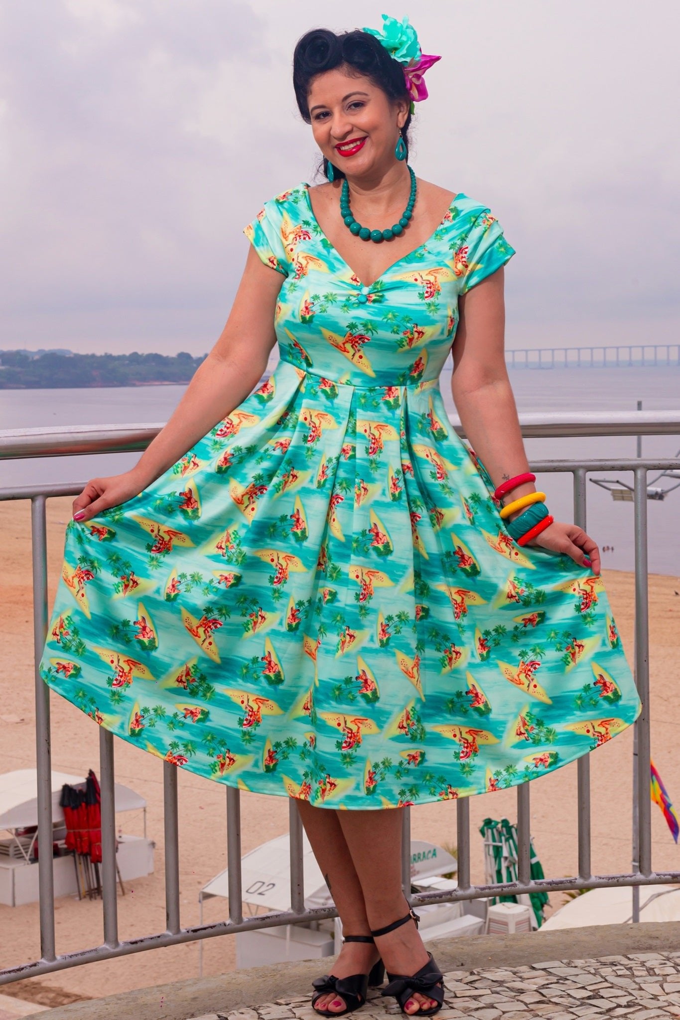 Off Shoulder Turquoise Dress In Pinup Beach Print