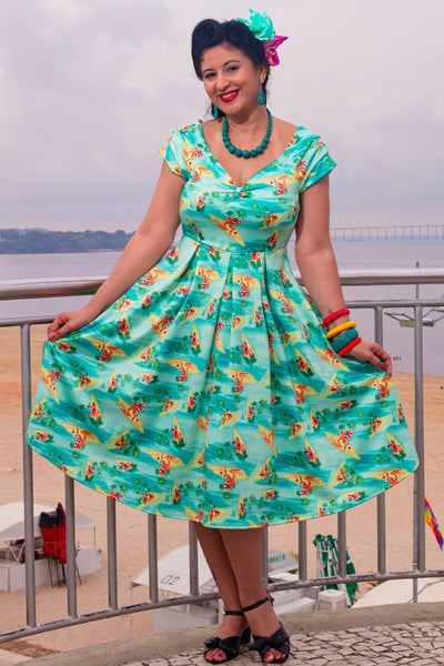 Off Shoulder Turquoise Dress In Pinup Beach Print