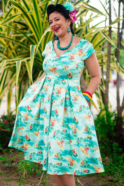 Off Shoulder Turquoise Dress In Pinup Beach Print
