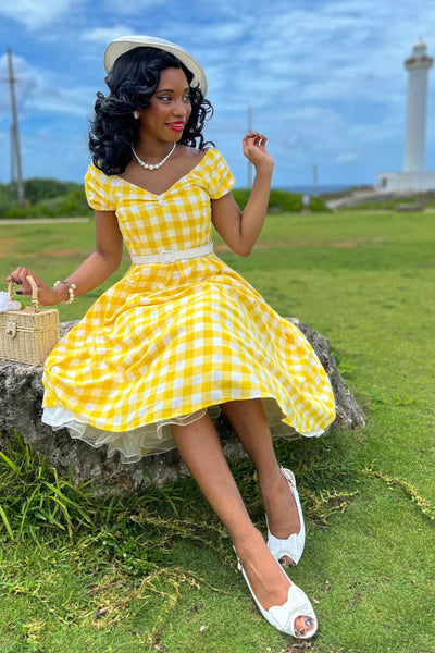 Off Shoulder Yellow Gingham Dress