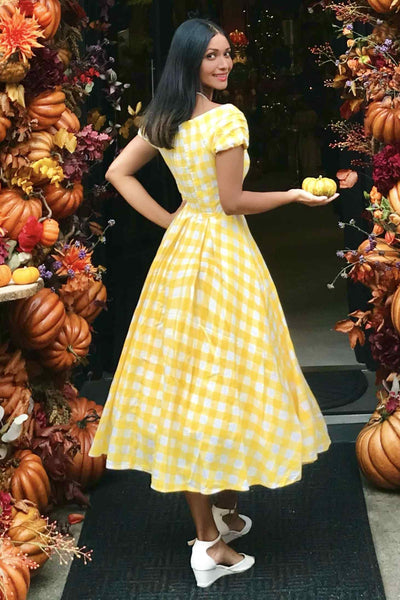 Off Shoulder Yellow Gingham Dress