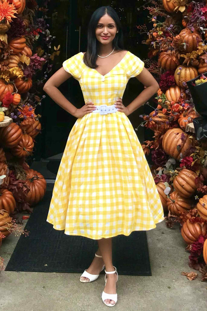 Lily Off Shoulder Summer Yellow Gingham Dress
