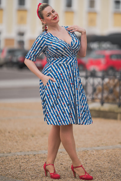 Old School Tattoo Blue Striped Wrap Dress