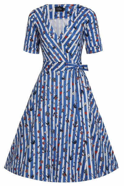 Old School Tattoo Blue Striped Wrap Dress