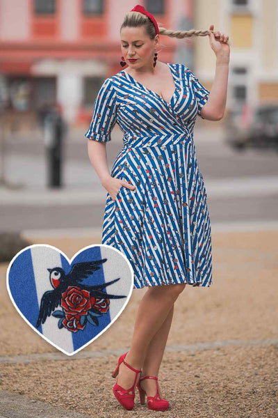Old School Tattoo Blue Striped Wrap Dress