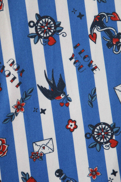 Close Up View of Old School Tattoo Prin with Blue and White Stripes Wrap Dress