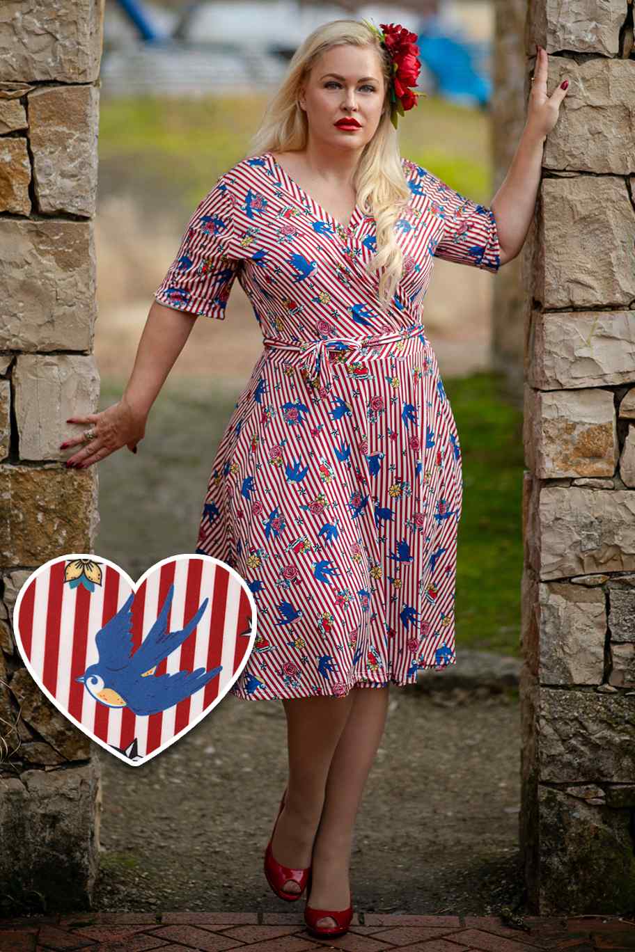 Old School Tattoo Red Striped Wrap Dress