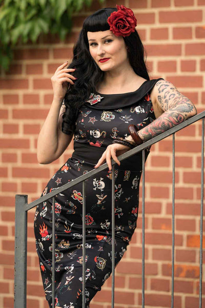 A model wearing an Old School Tattoo Wiggle Dress