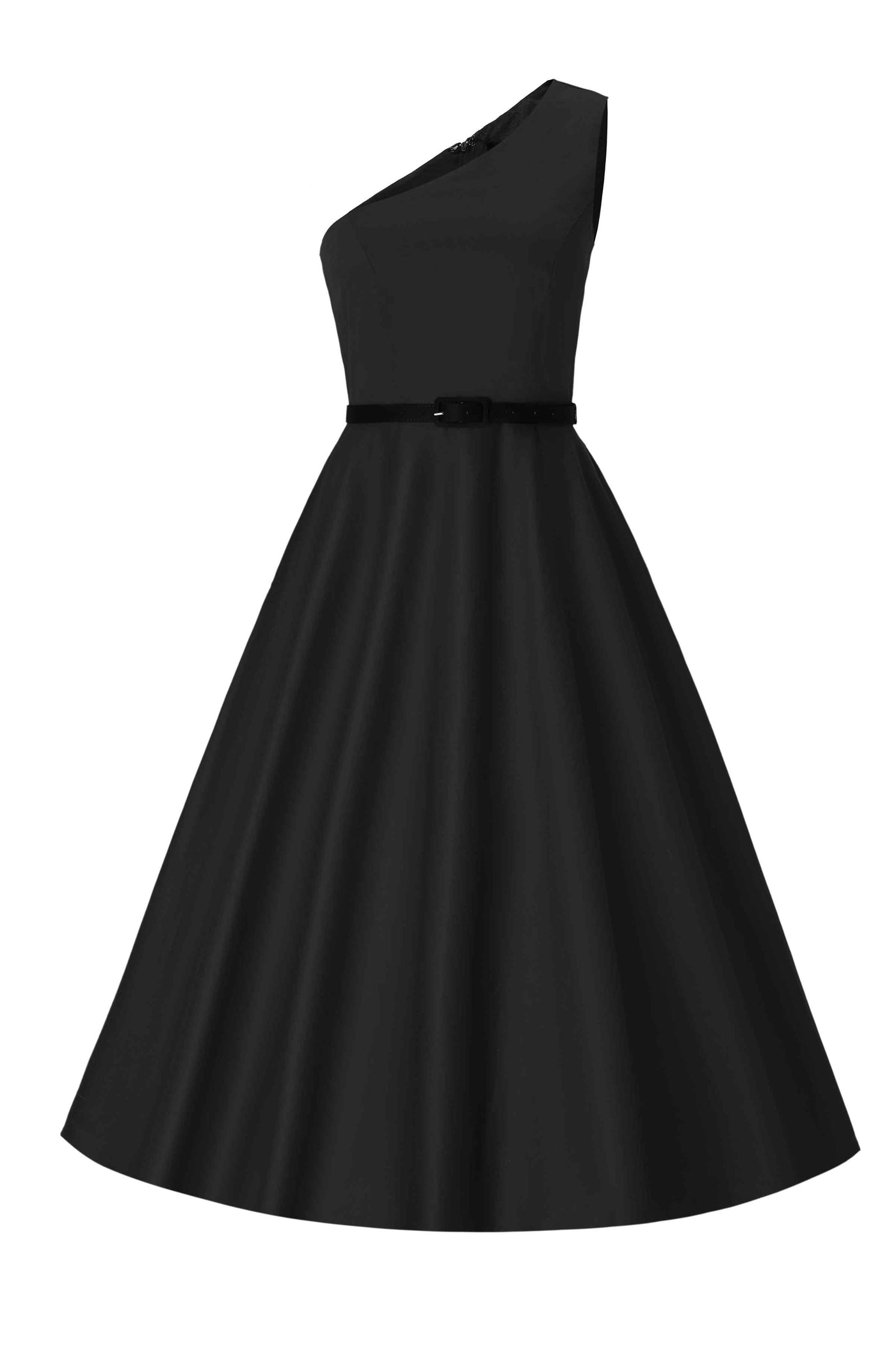 Front view of One Shoulder Black Swing Dress