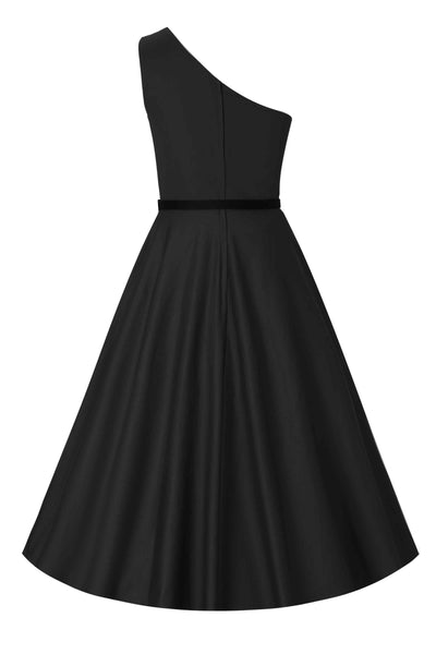 Back view of One Shoulder Black Swing Dress