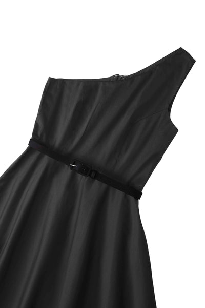 Close up view the top of One Shoulder Black Swing Dress