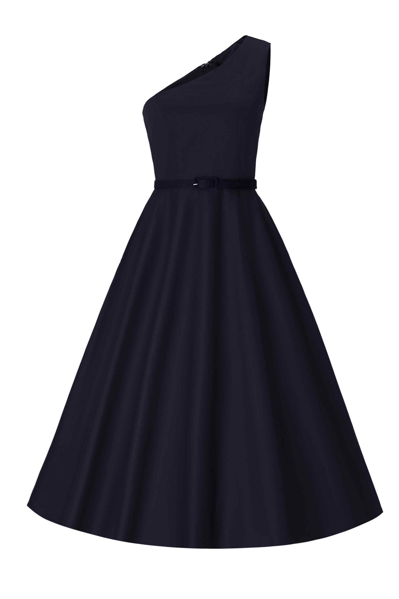 Front view of One Shoulder Navy Blue Swing Dress