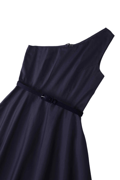 Close up view the top of One Shoulder Navy Blue Swing Dress