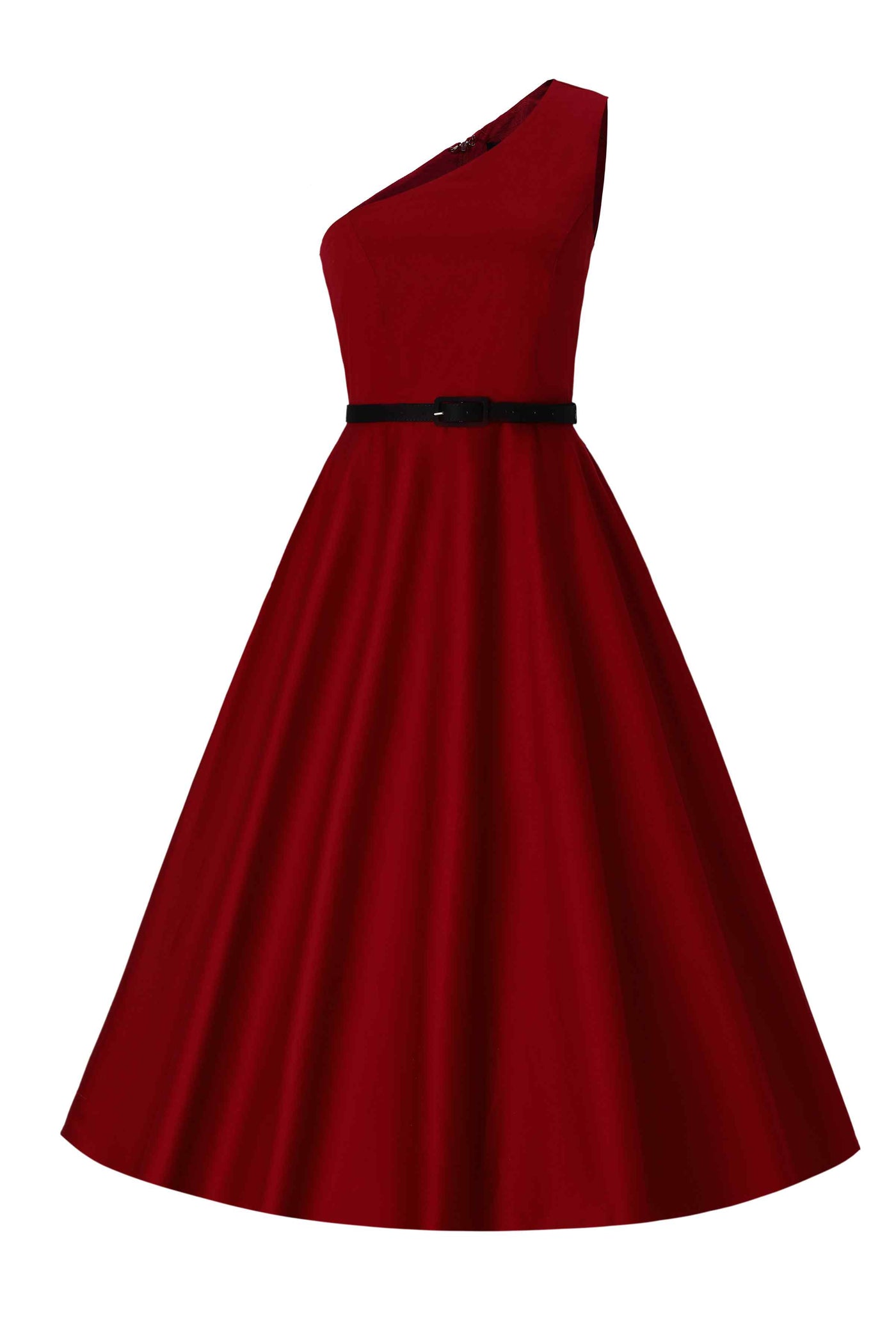 Front view of One Shoulder Red Blue Swing Dress