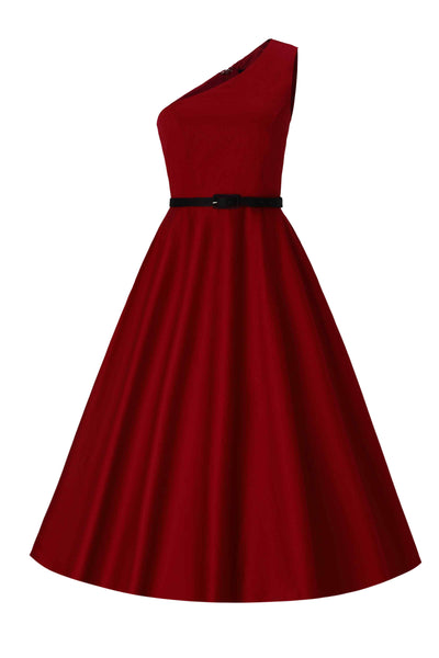 Front view of One Shoulder Red Blue Swing Dress