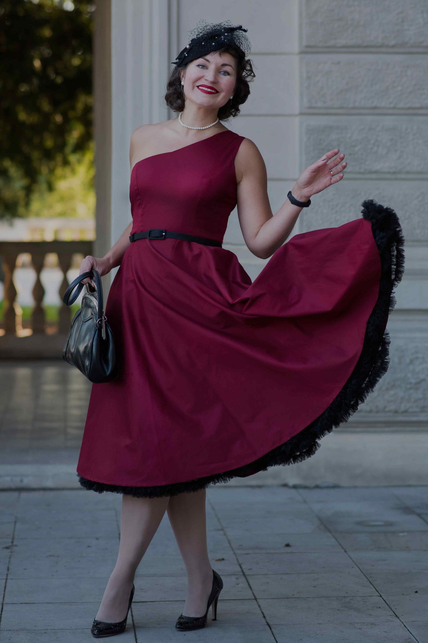 A model wearing a One Shoulder Red Blue Swing Dress