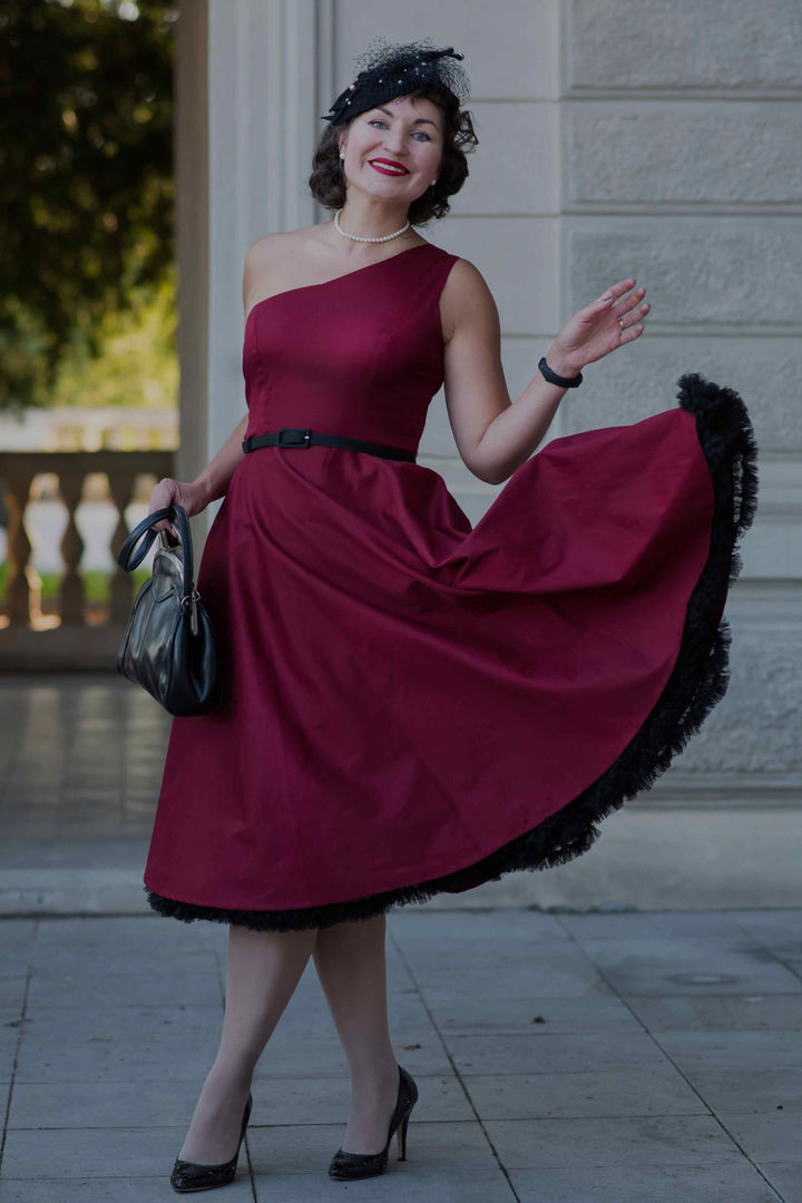 Asymmetrical Red Blue Swing Dress With Belt