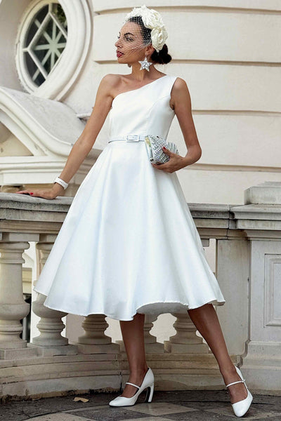 A model wearing a Susan One Shoulder White Swing Dress