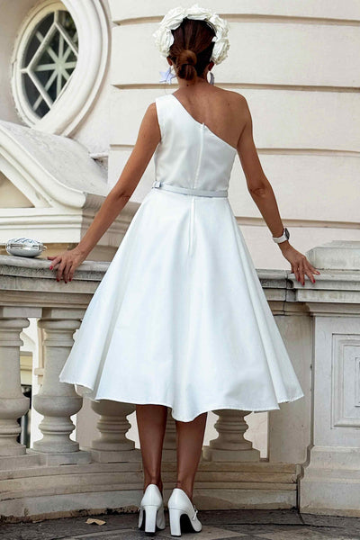 Back view of A model wearing a Susan One Shoulder White Swing Dress