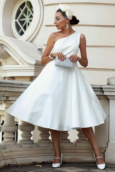 A lovely model wearing a Susan One Shoulder White Swing Dress