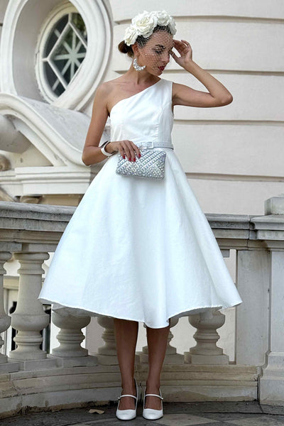 A lovely model wearing a Susan One Shoulder White Swing Dress