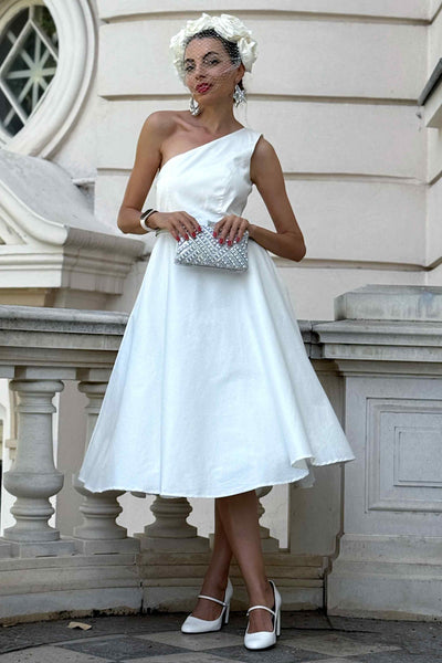A lovely model wearing a Susan One Shoulder White Swing Dress