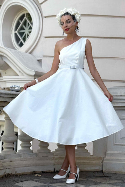 A lovely model wearing a Susan One Shoulder White Swing Dress