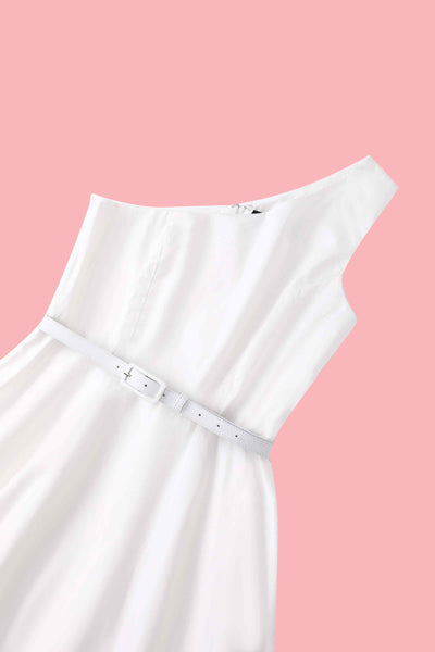 Close up view the top of Susan One Shoulder White Swing Dress