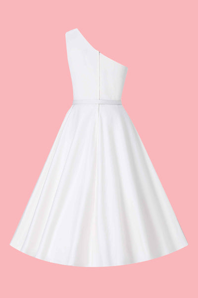 Back view of Susan One Shoulder White Swing Dress