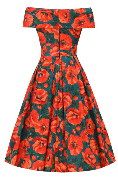 Back view of Orange Poppy Off Shoulder Dress In Green