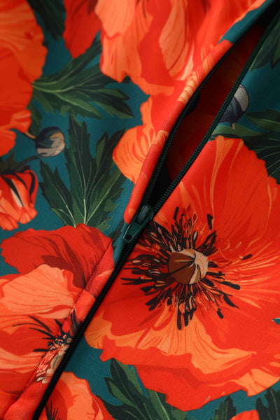 Close up view of Orange Poppy Off Shoulder Dress In Green