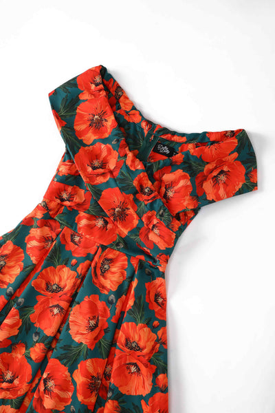 Close up view of Orange Poppy Off Shoulder Dress In Green