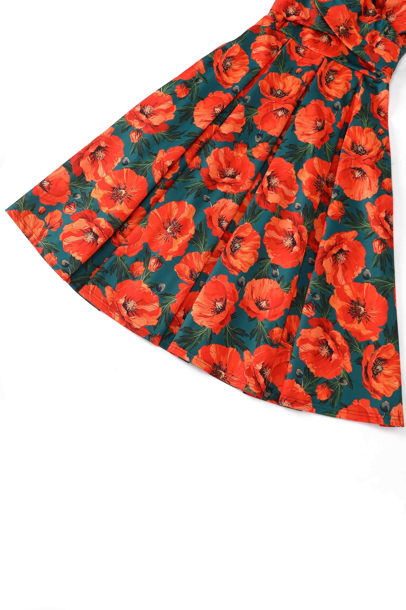 Close up view of Orange Poppy Off Shoulder Dress In Green