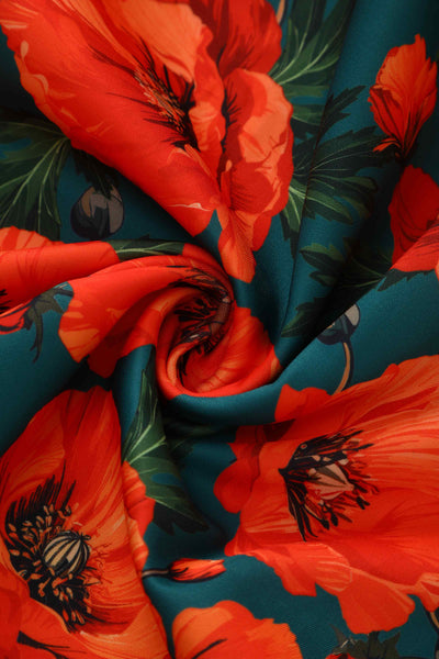 Close up view of Orange Poppy Off Shoulder Dress In Green