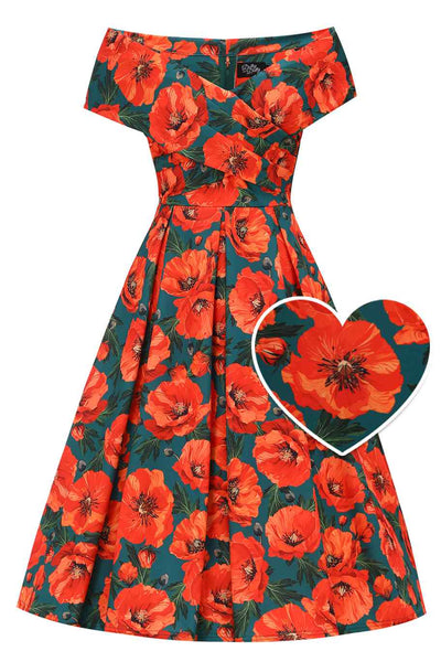 Front view of Orange Poppy Off Shoulder Dress In Green