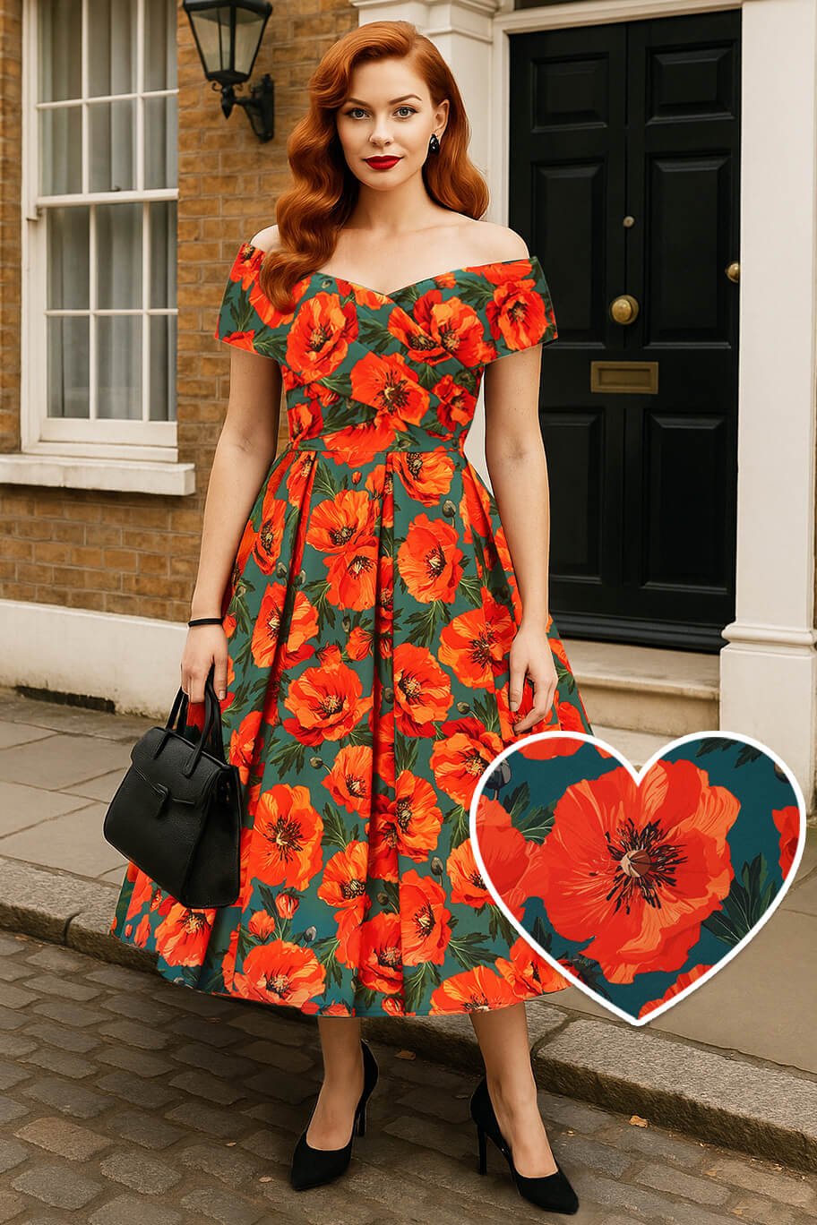 A model wearing a Beverly Orange Poppy Off Shoulder Dress In Green