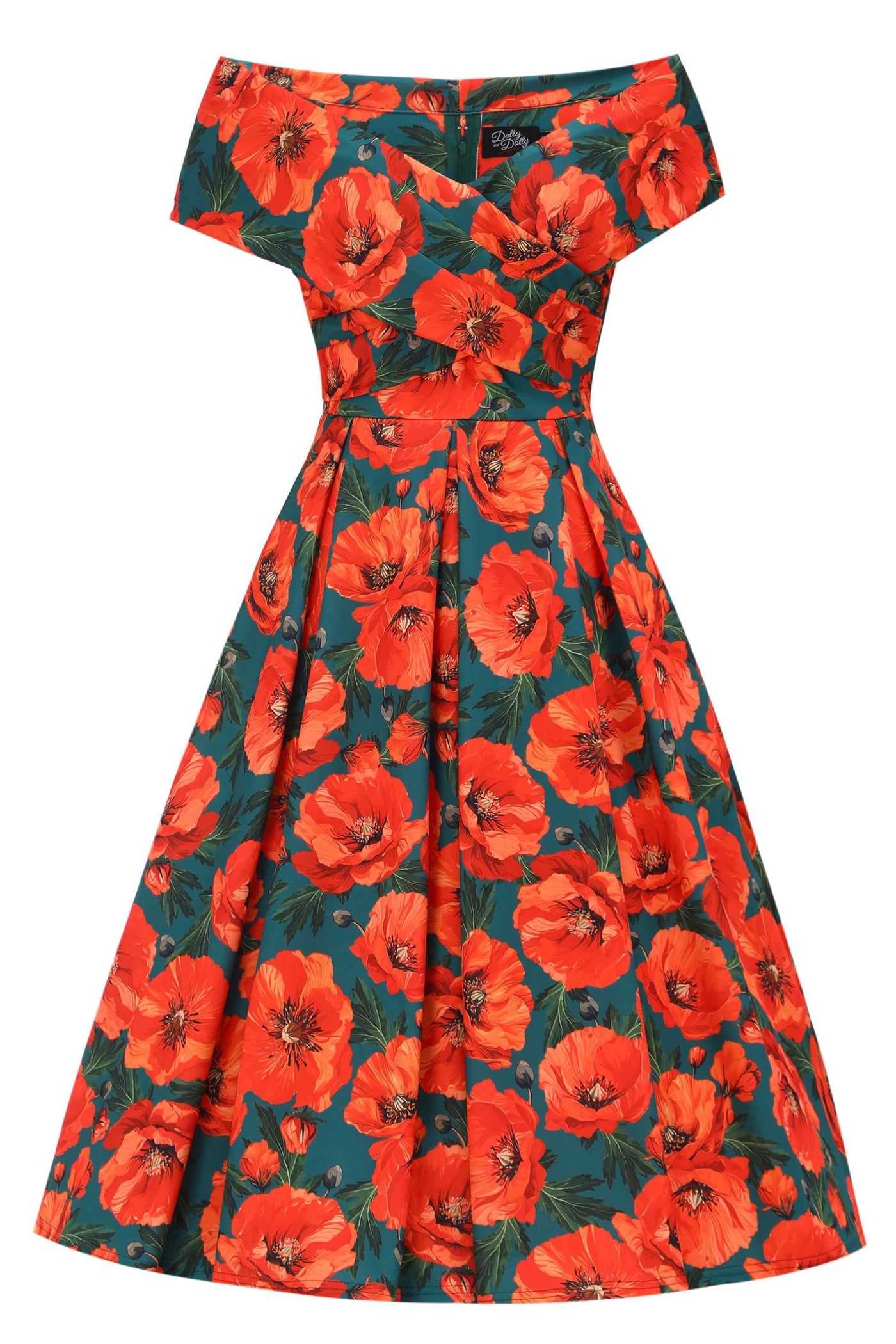 Front view of Beverly Orange Poppy Off Shoulder Dress In Green
