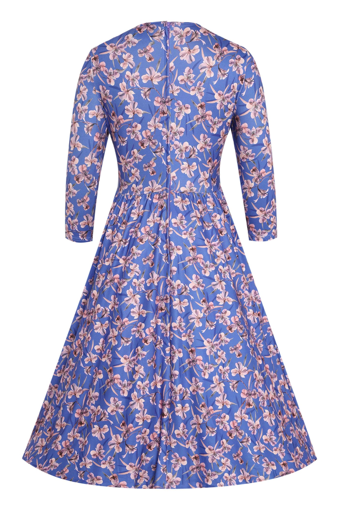 Back view of Orchid Floral Print Long Sleeved Dress in Blue