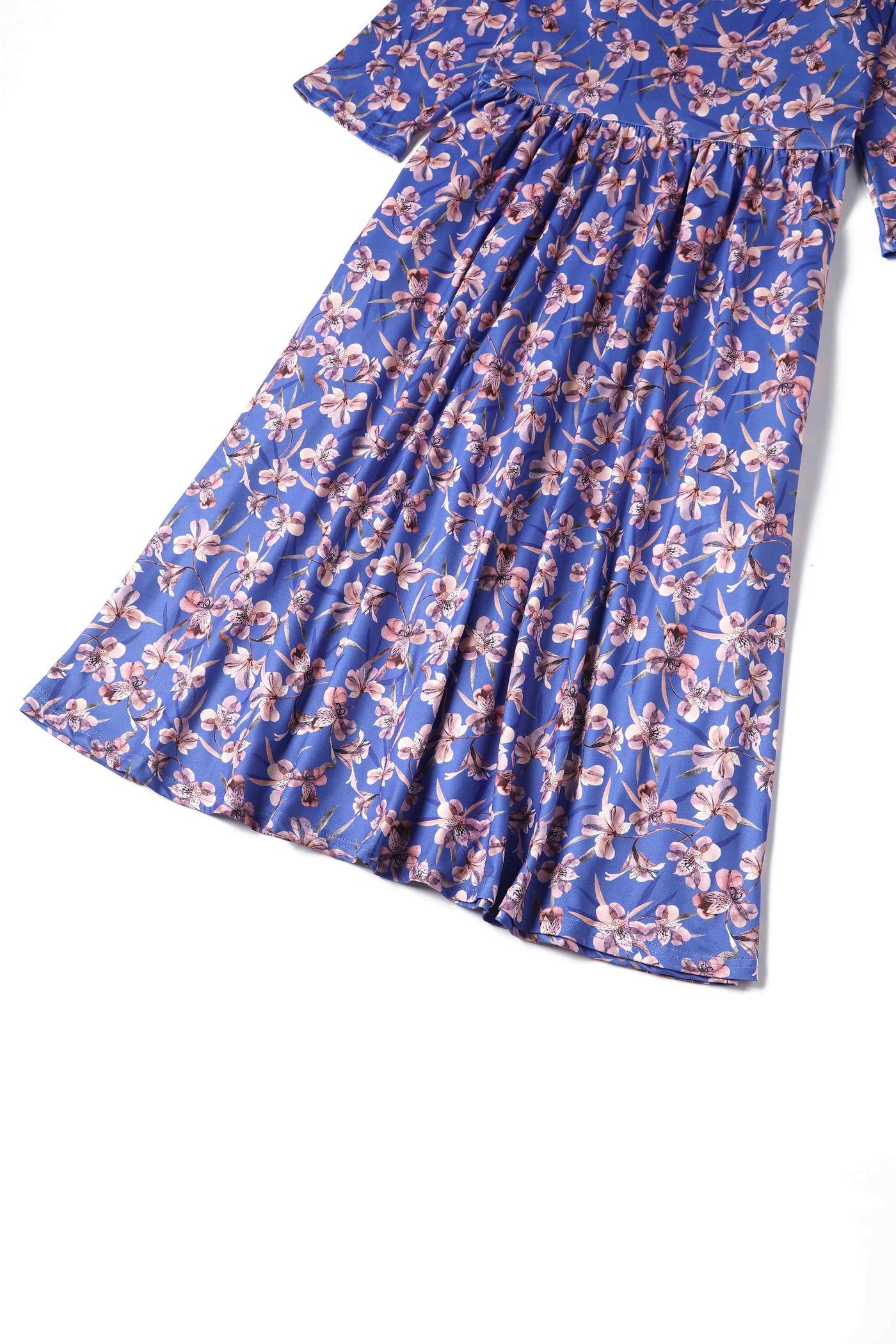 Close up view of Orchid Floral Print Long Sleeved Dress in Blue