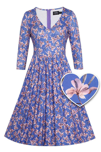 Front view of Orchid Floral Print Long Sleeved Dress in Blue